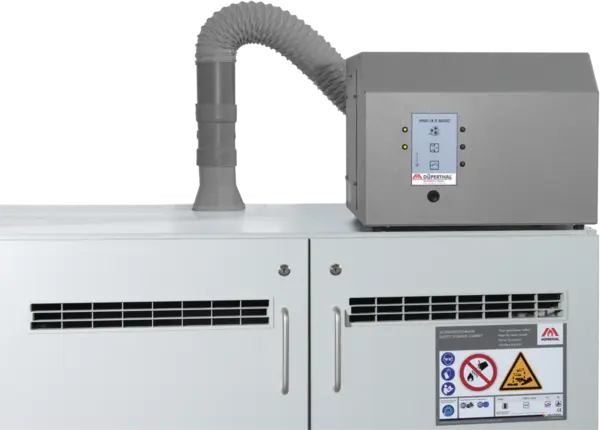 Recirculating air filter with fan for acids and alkalis Filterunit with ventilation and monitoring