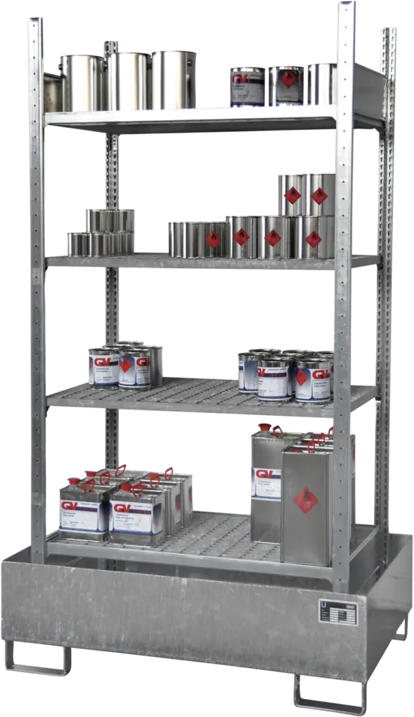 Hazardous substance shelving with spillage tray