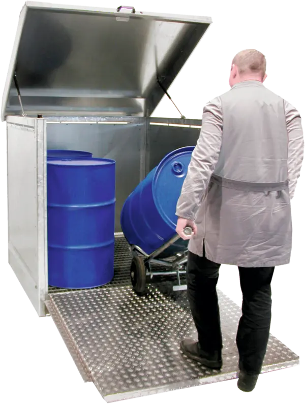 Hazardous substance depot, galvanised, with access ramp